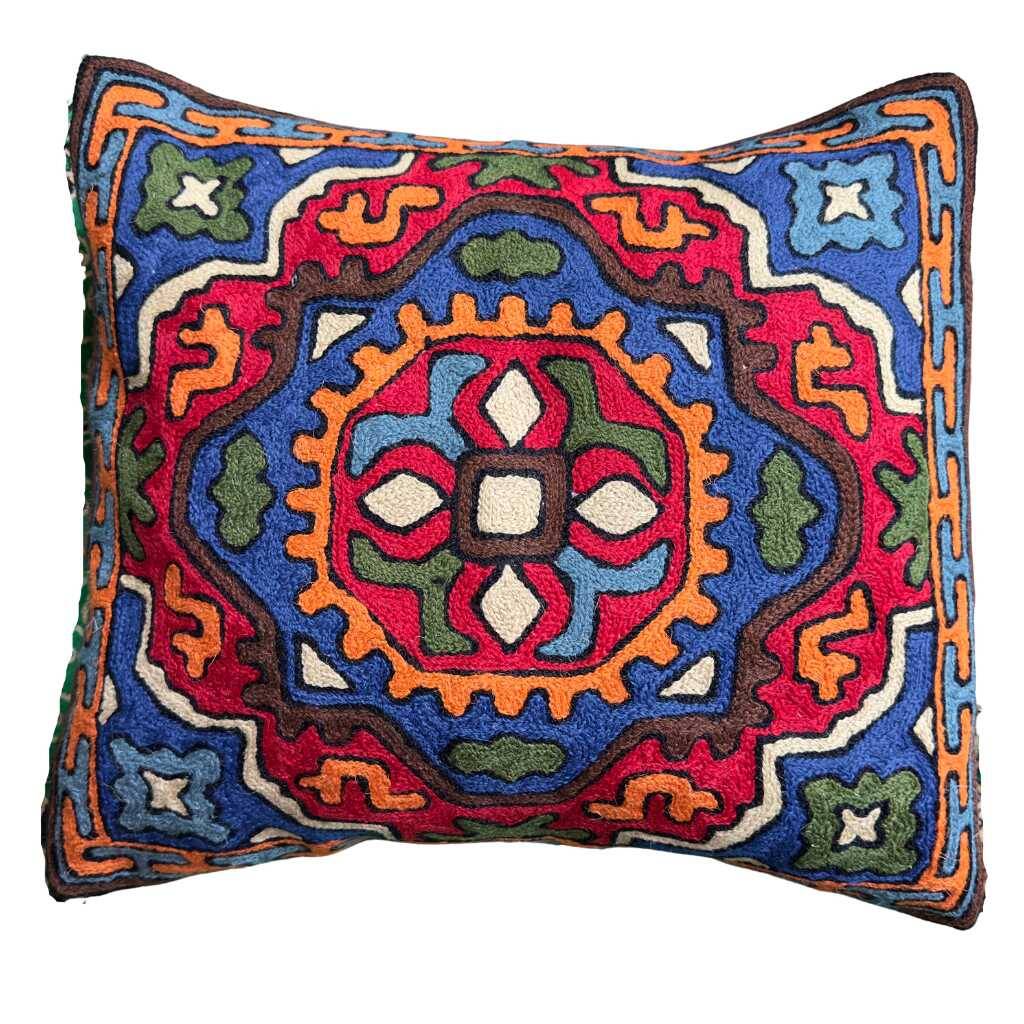 Hand-embroidered wool cushion cover, tribal geometric pattern 40 x 40.