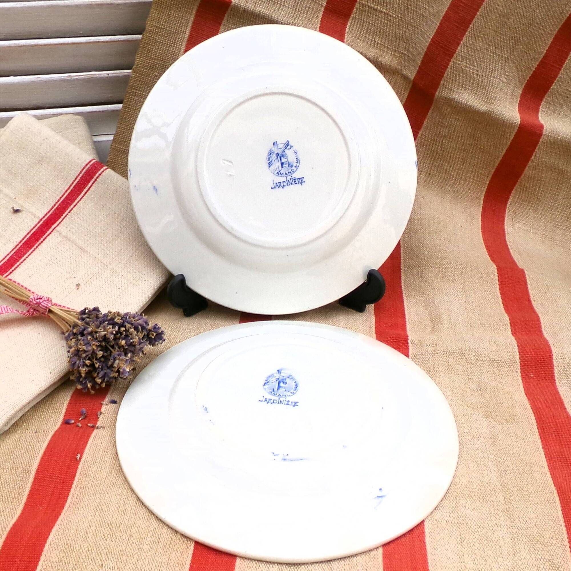 2 blue and white floral plates Terre de Fer St Amand Jardinière
