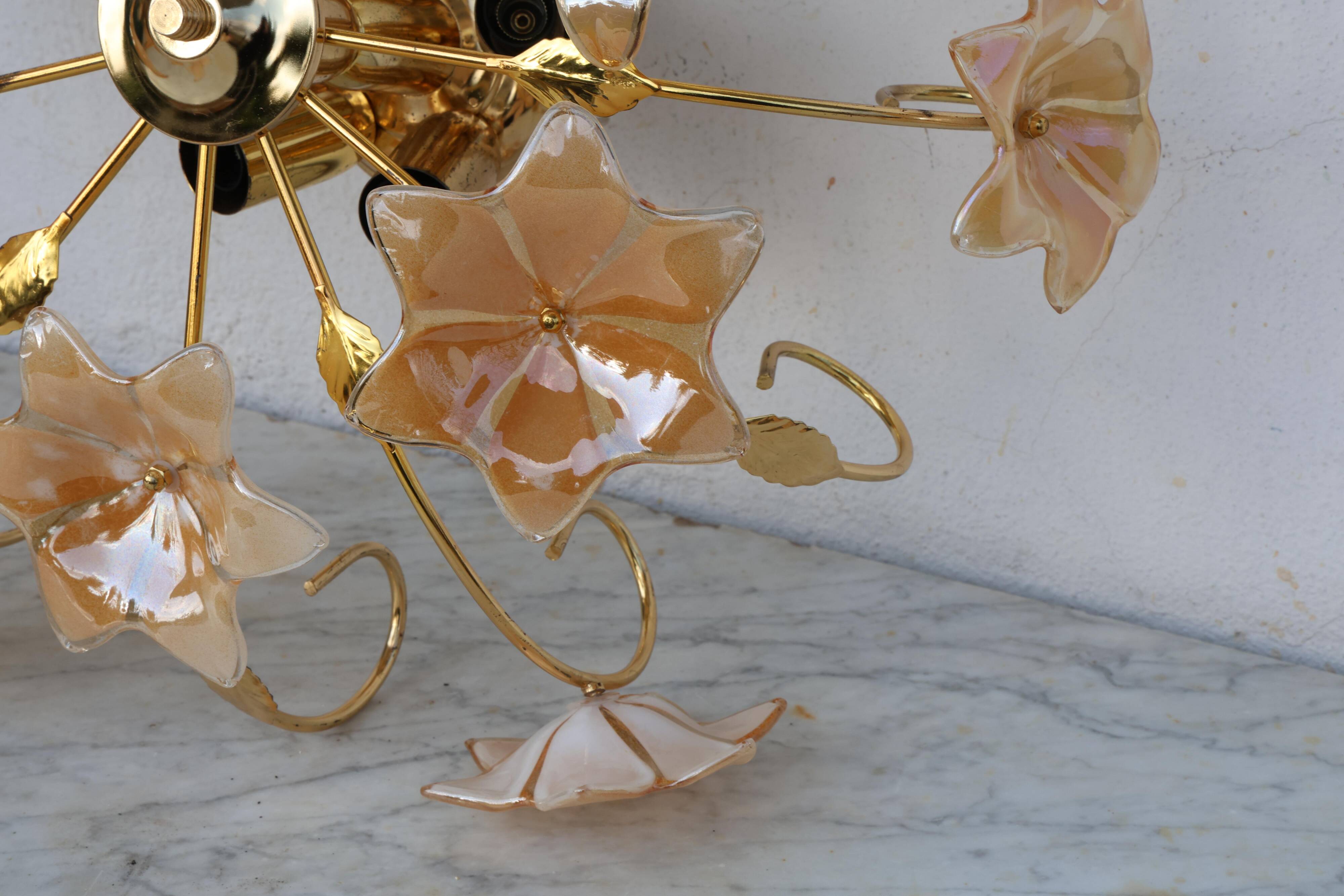 Murano Vintage Ceiling Light Orange Iridescent Flowers, 1970s