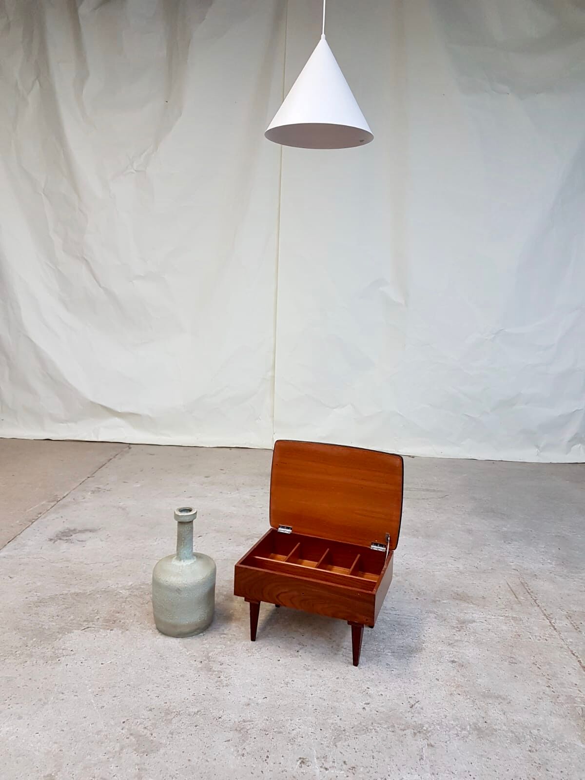 Vtg mid century teak 1950s sewing box heals footstool stool atomic retro