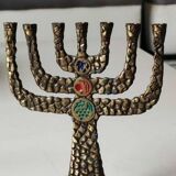 Menorah/Candlestick with 7 light arms. In old gold patinated brass/Decor 12 astrological signs. Engraved Jerusalem. Height 14 cm