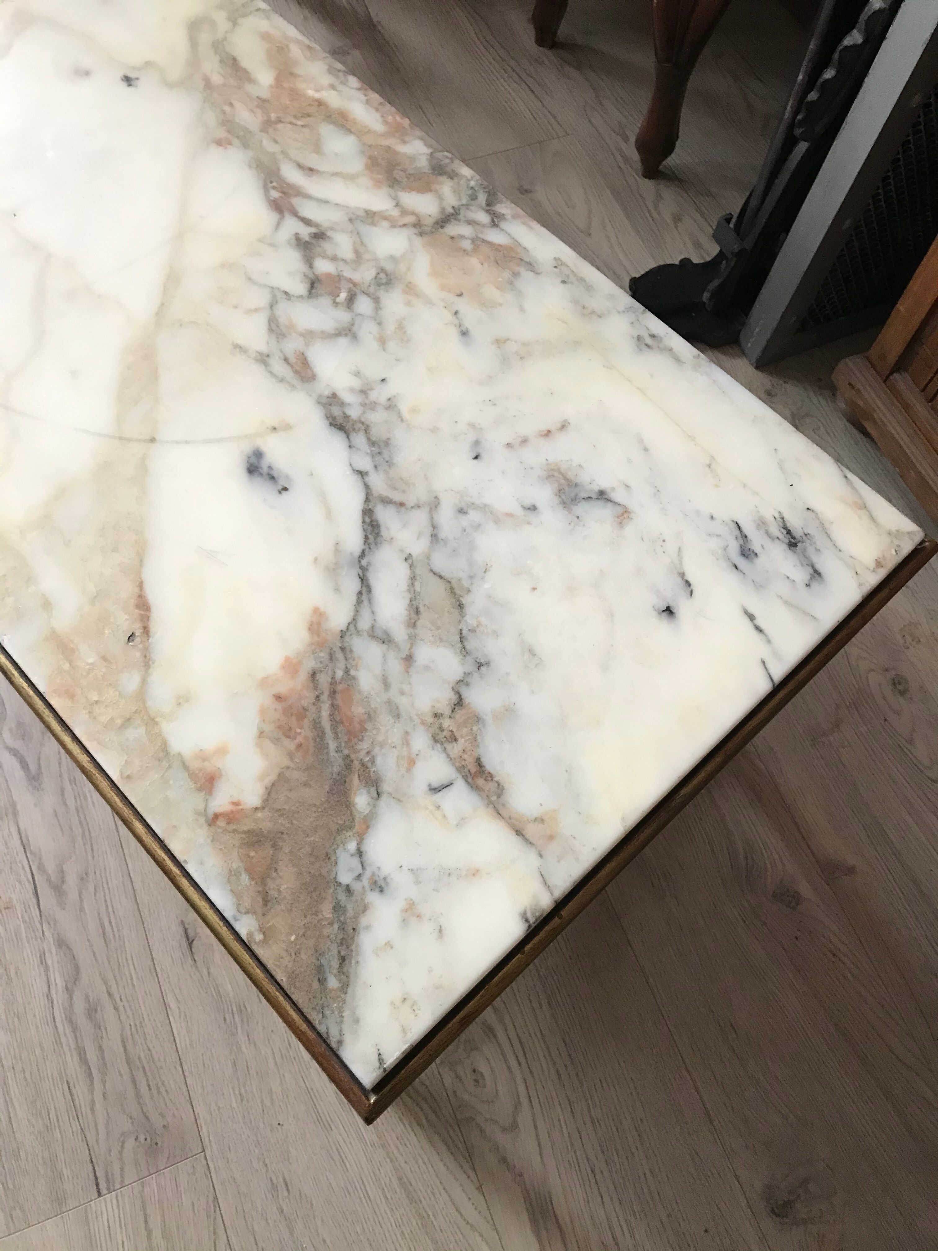 Marble and golden patina iron coffee table