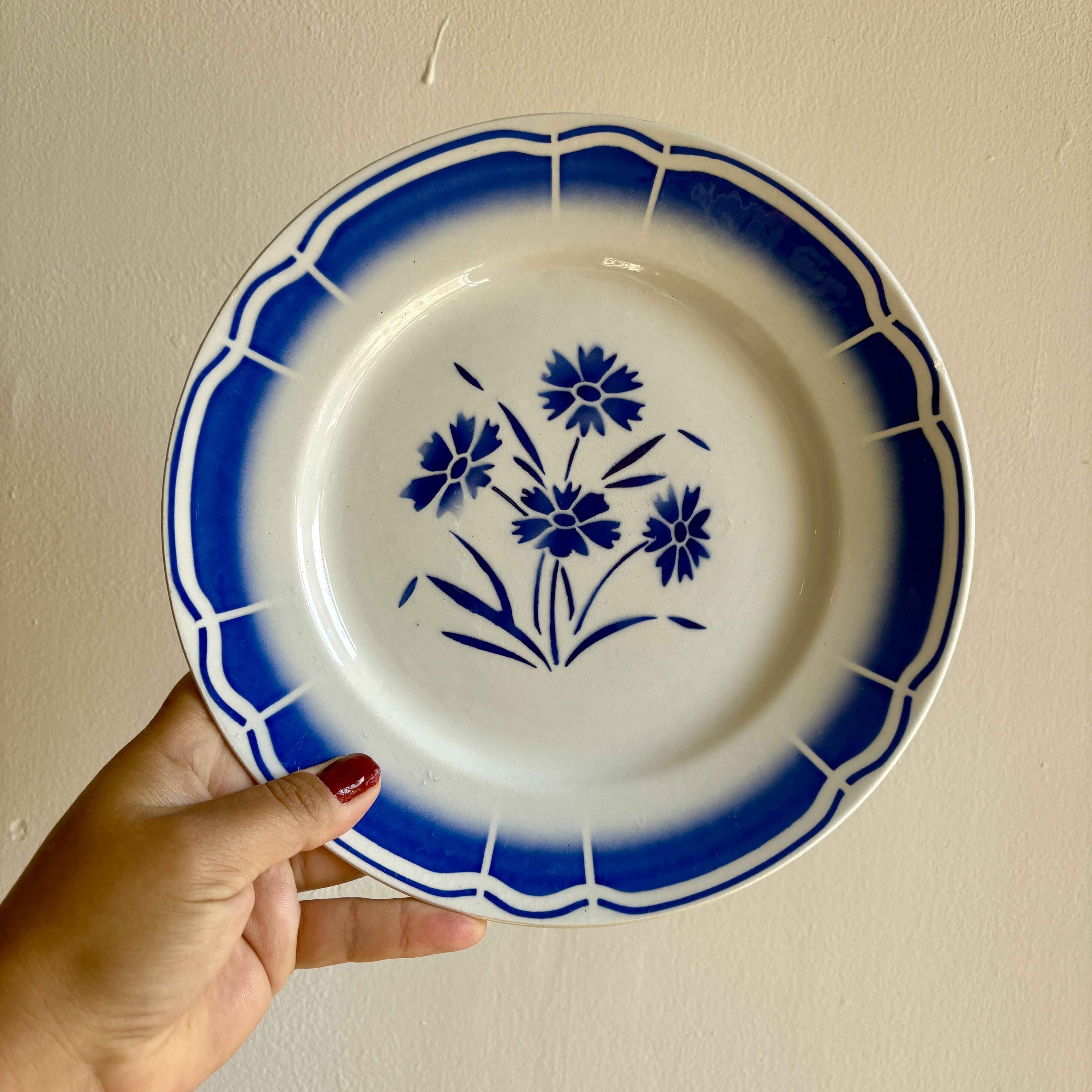 Set of 12 antique flat plates, blue flower decorations