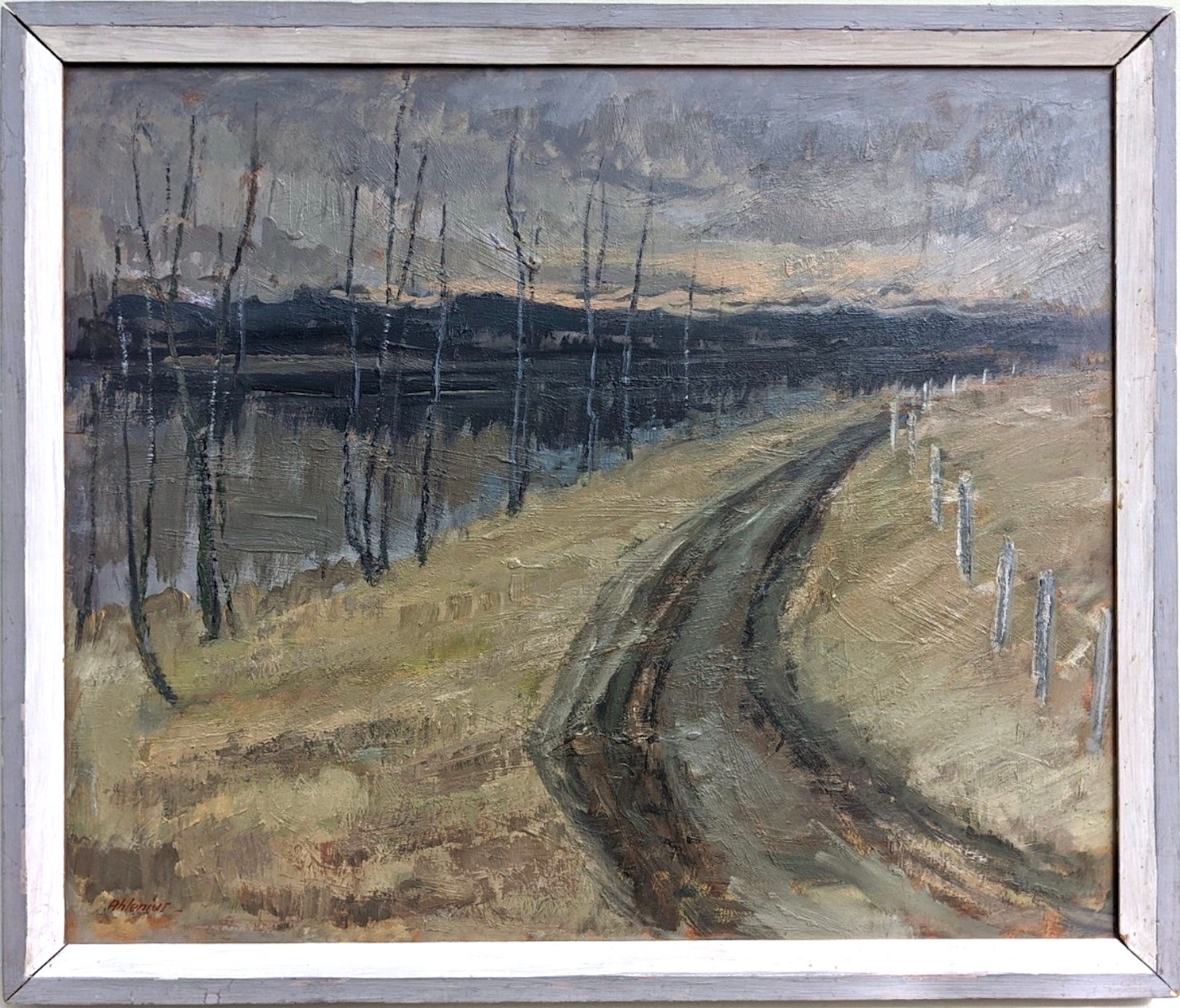 Vintage mid-century modern "river road" swedish expressionist landscape oil painting, framed