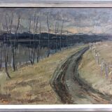 Vintage mid-century modern "river road" swedish expressionist landscape oil painting, framed