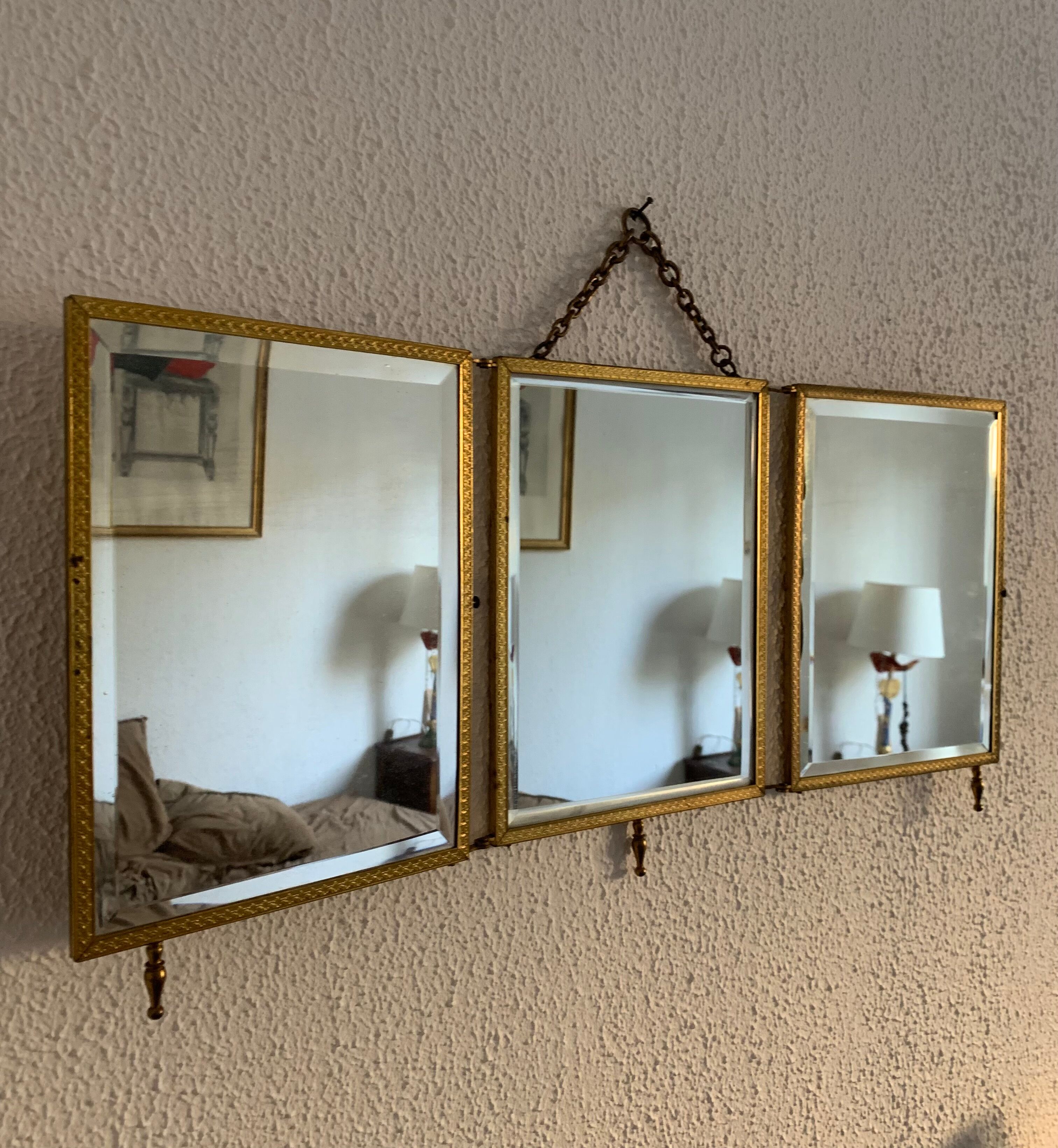 Vintage mirror 1900 triptych barber brass chiseled - 27 x 58 cm