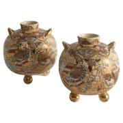 Satsuma Earthenware Vases, Hand-Painted Polychrome, Japan, Set of 2
