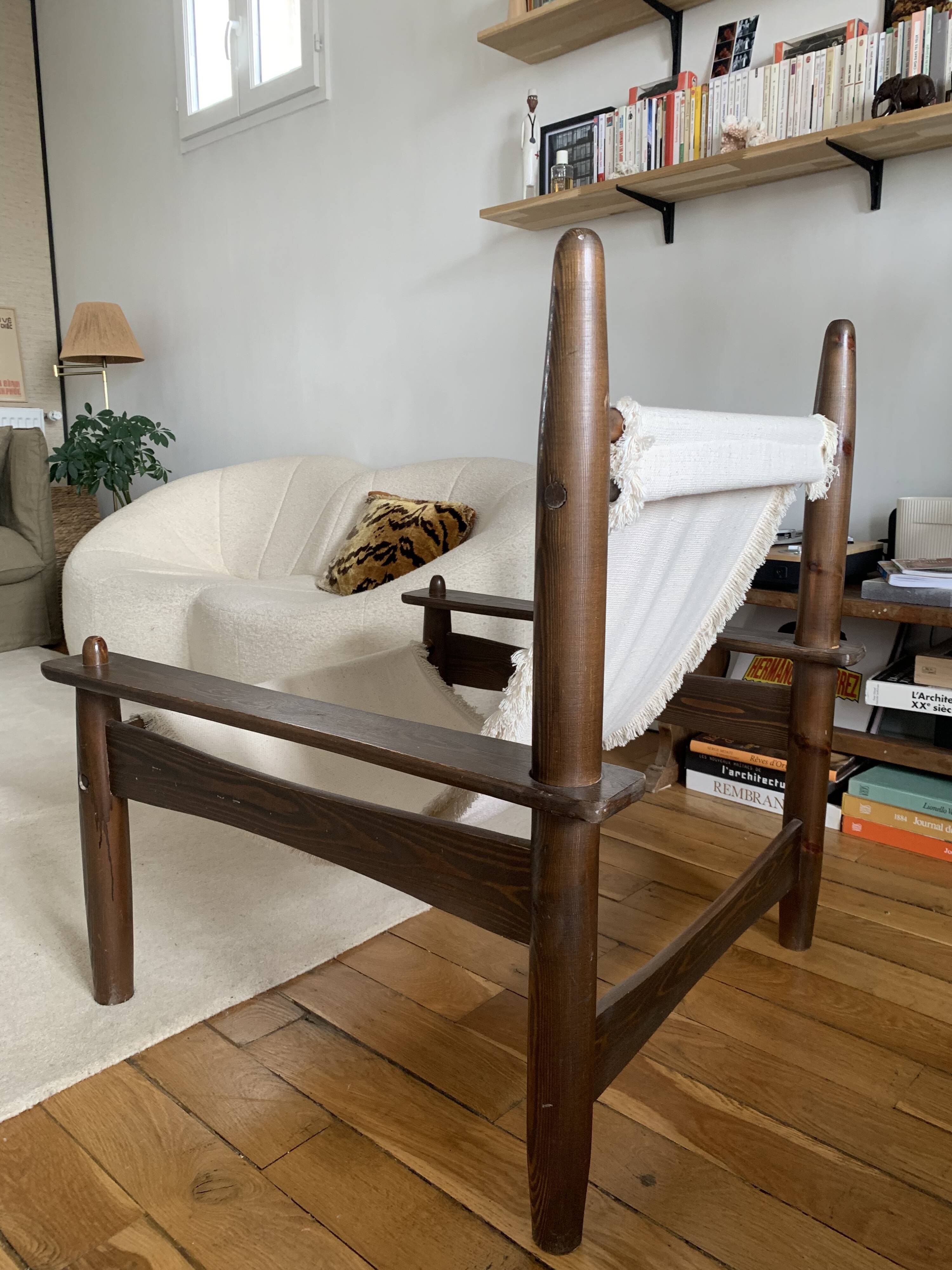 Honoré Safari armchair in wood and beige canvas