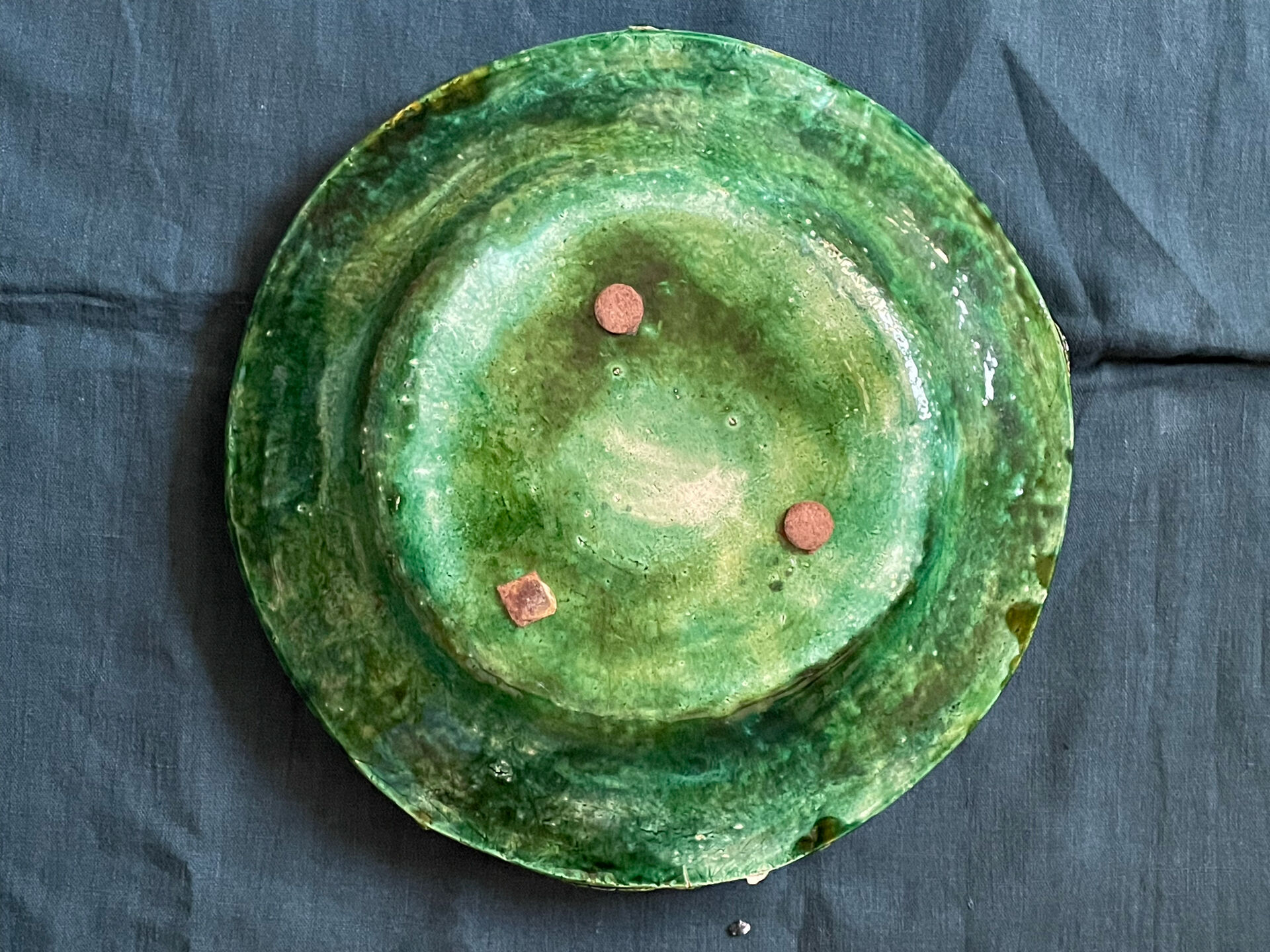 Old Hollow Round Plate in Majolica Barbotine Decorated with Bindweed and Nuts