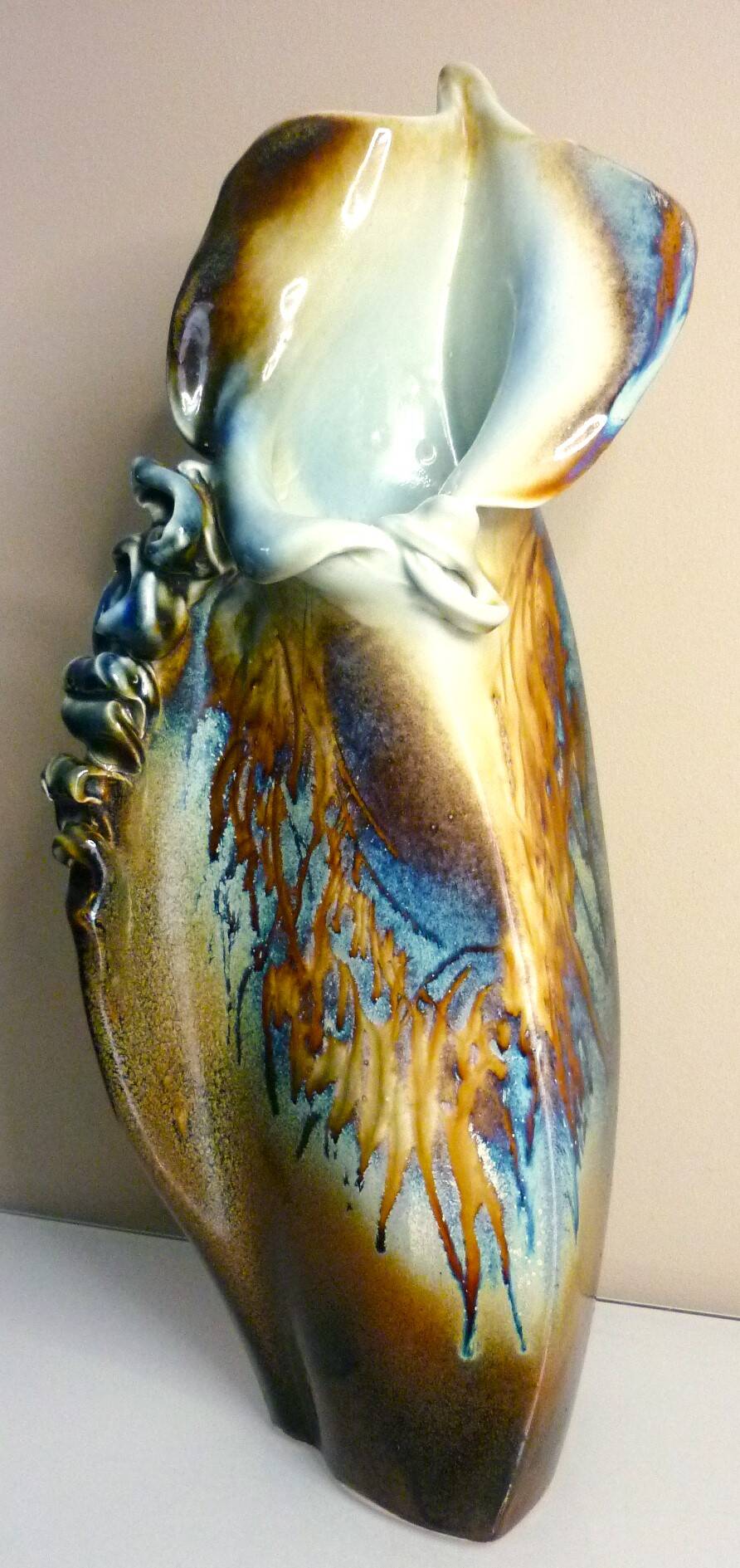 Glazed ceramic vase, unique piece, signed D. Prioton, shell neck