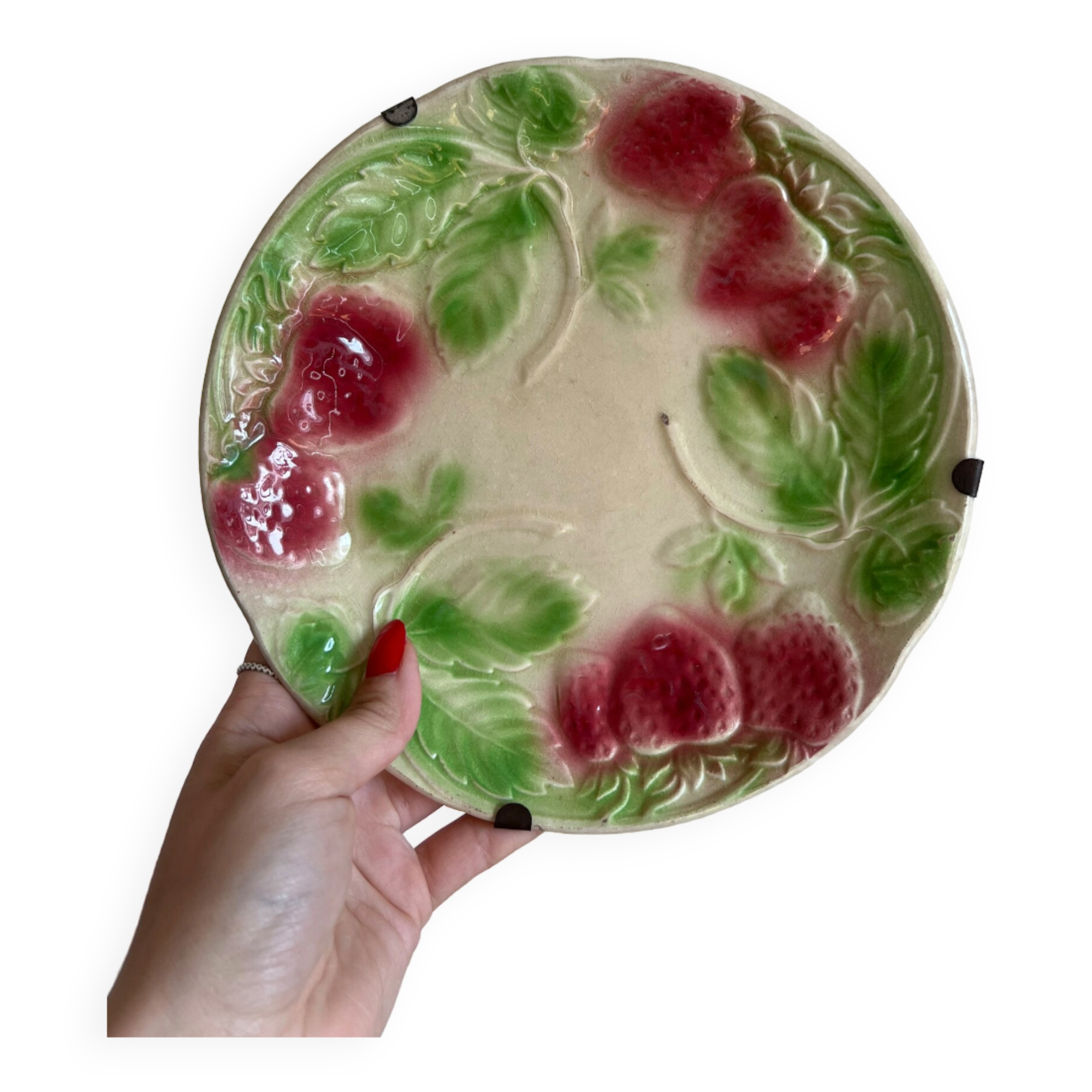 Plate in slip decoration strawberries and leaves