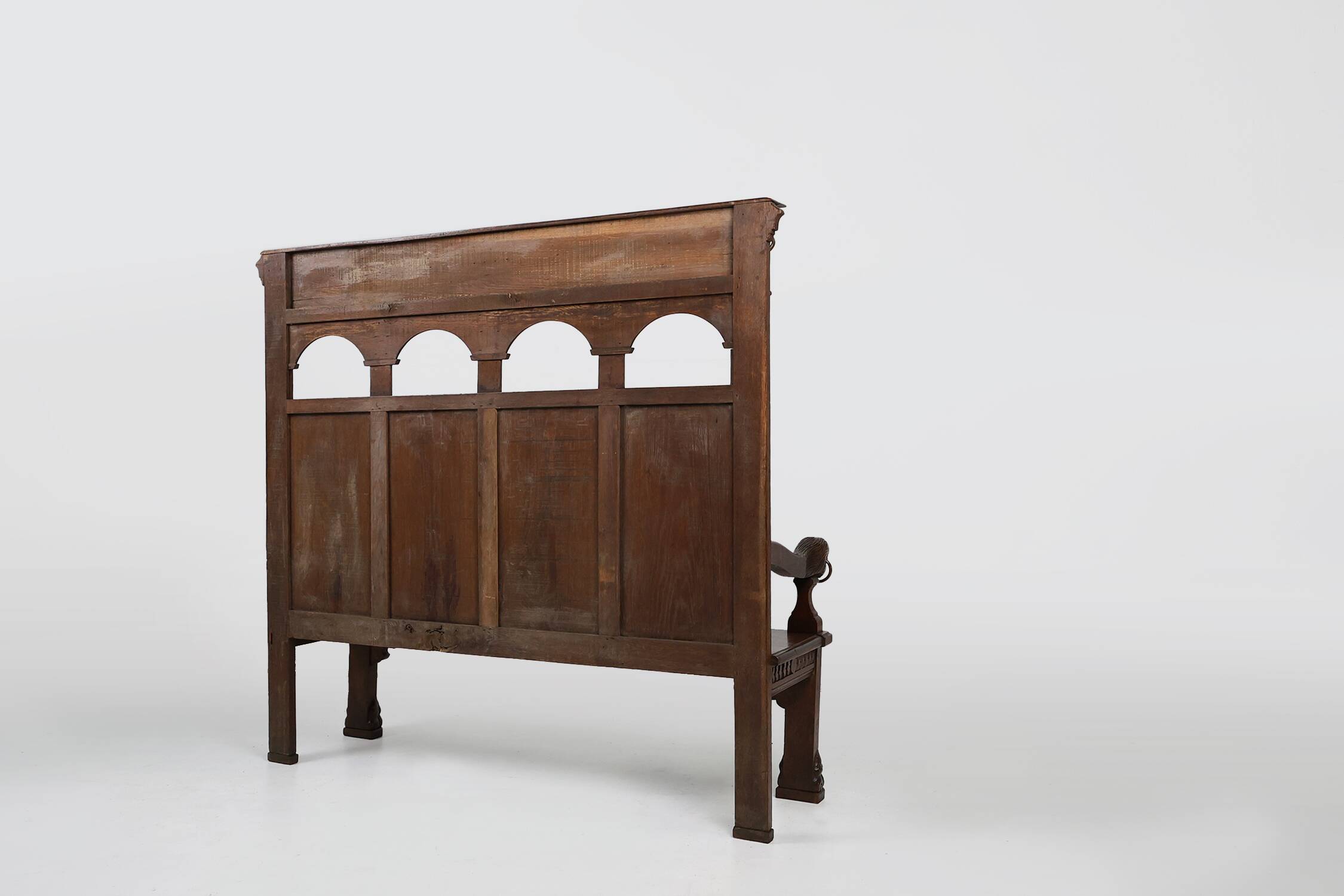 Antique French 18th Century Gothic Style Oak Carved High Back Panel Settle