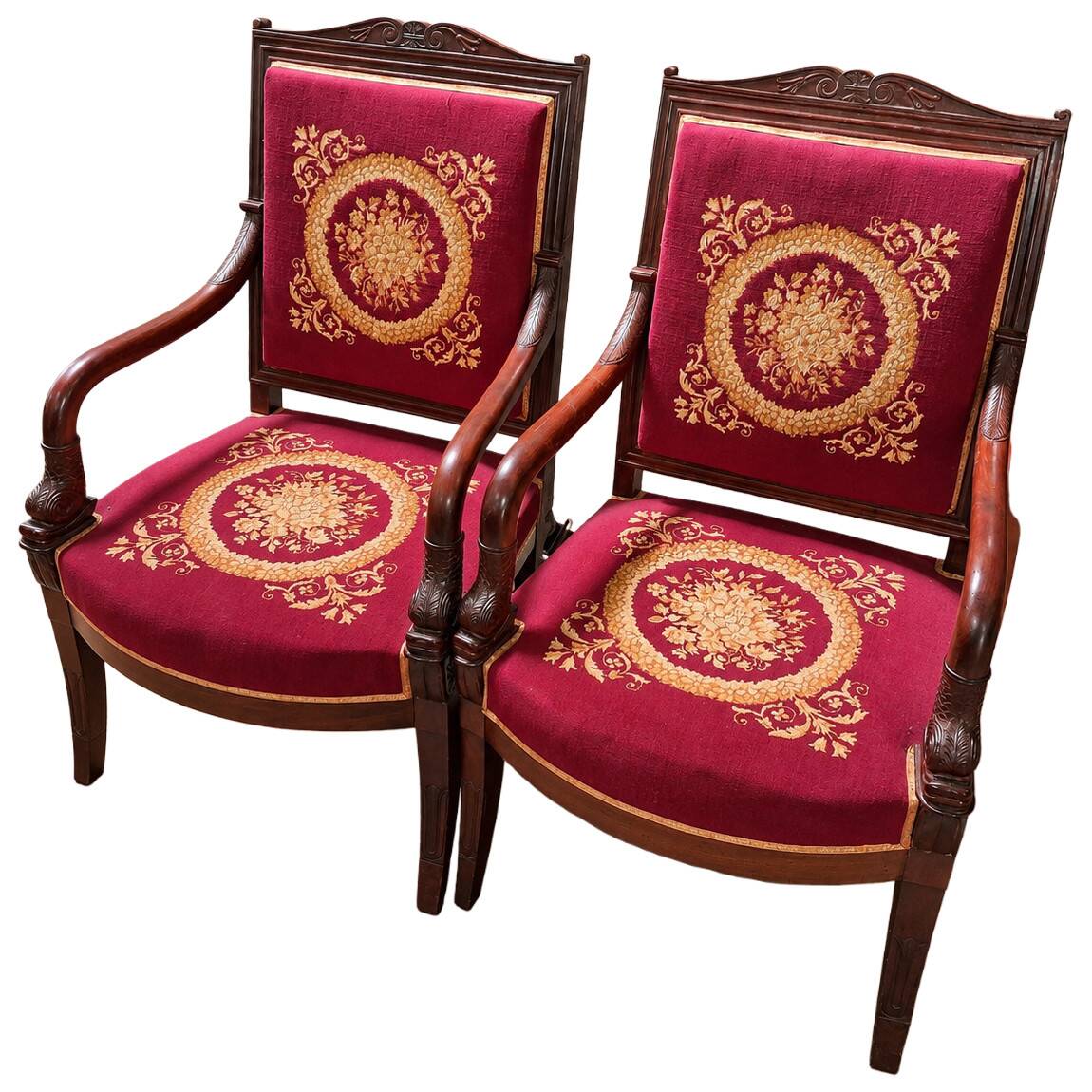 Pair of Empire Period Armchairs in Mahogany, Upholstered with Petit Point