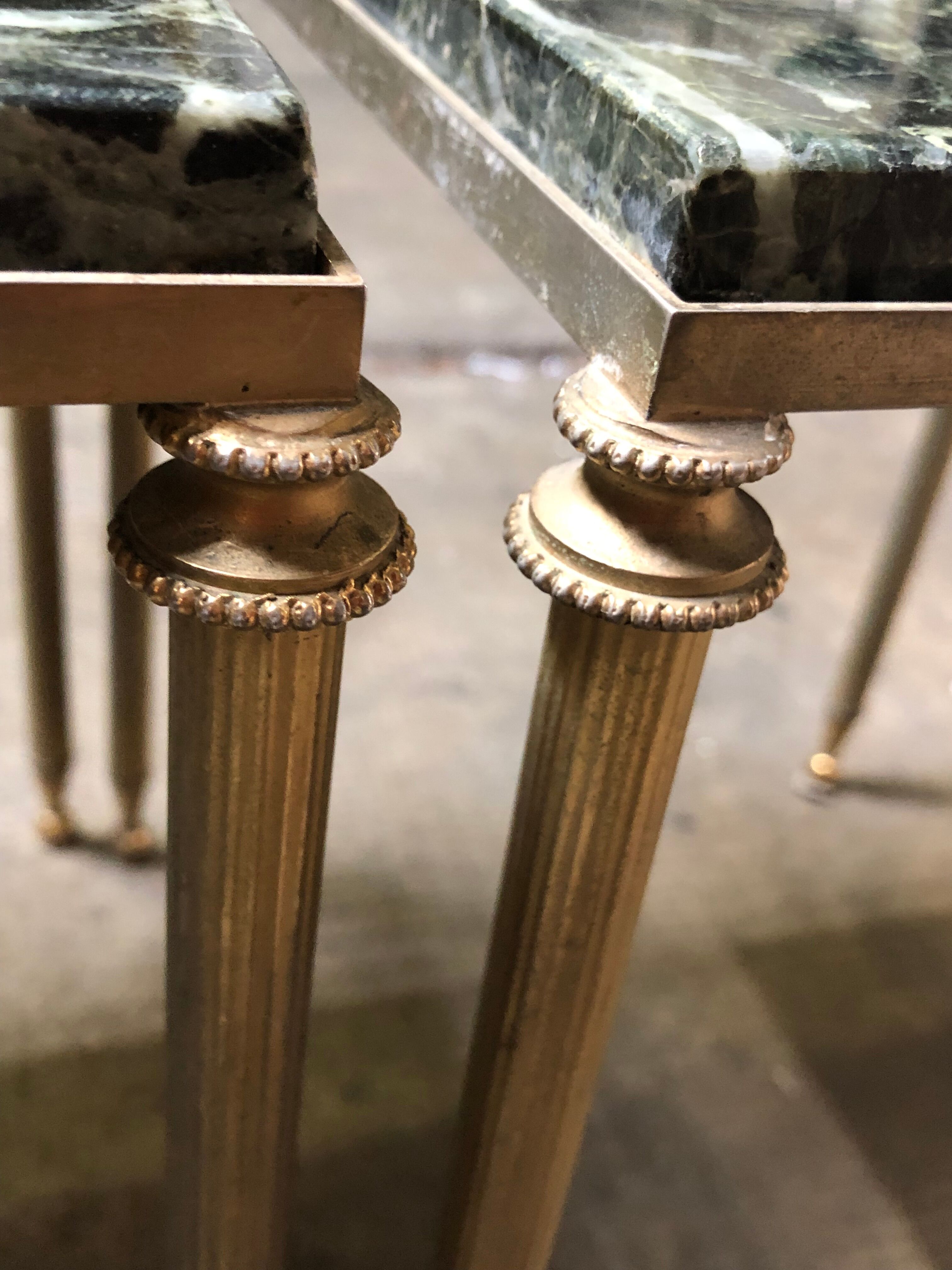 Pair of vintage brass and green marble side tables