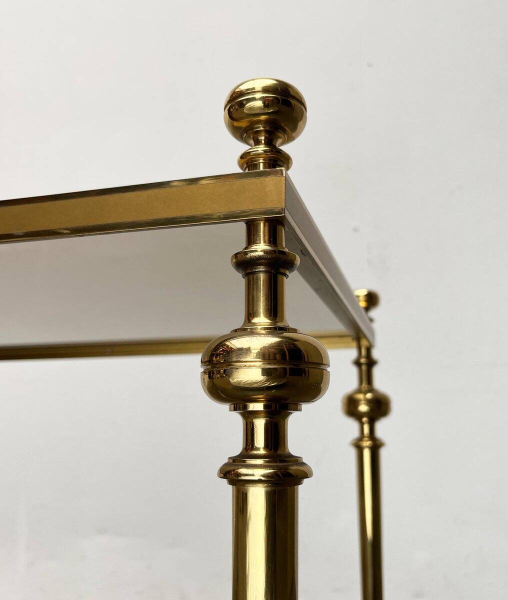 Mid-century Hollywood neoclassical brass and glass side or bedside tables attributed to Vereinigte Werkstätten, Germany, 1960s, set of 2.