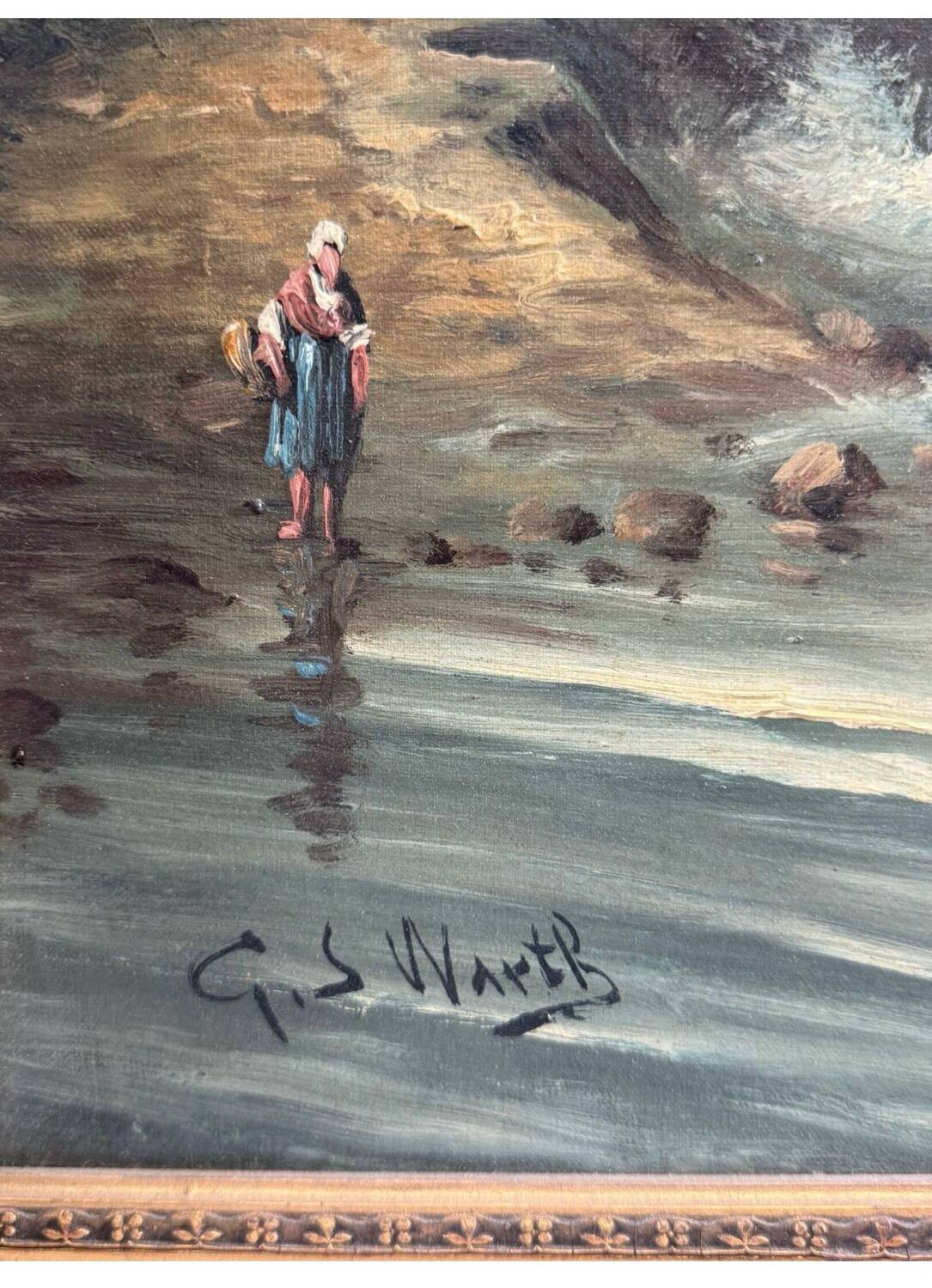 Oil on canvas marine signed G.S. Warth – Coastal village and sailing boats