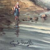 Oil on canvas marine signed G.S. Warth – Coastal village and sailing boats