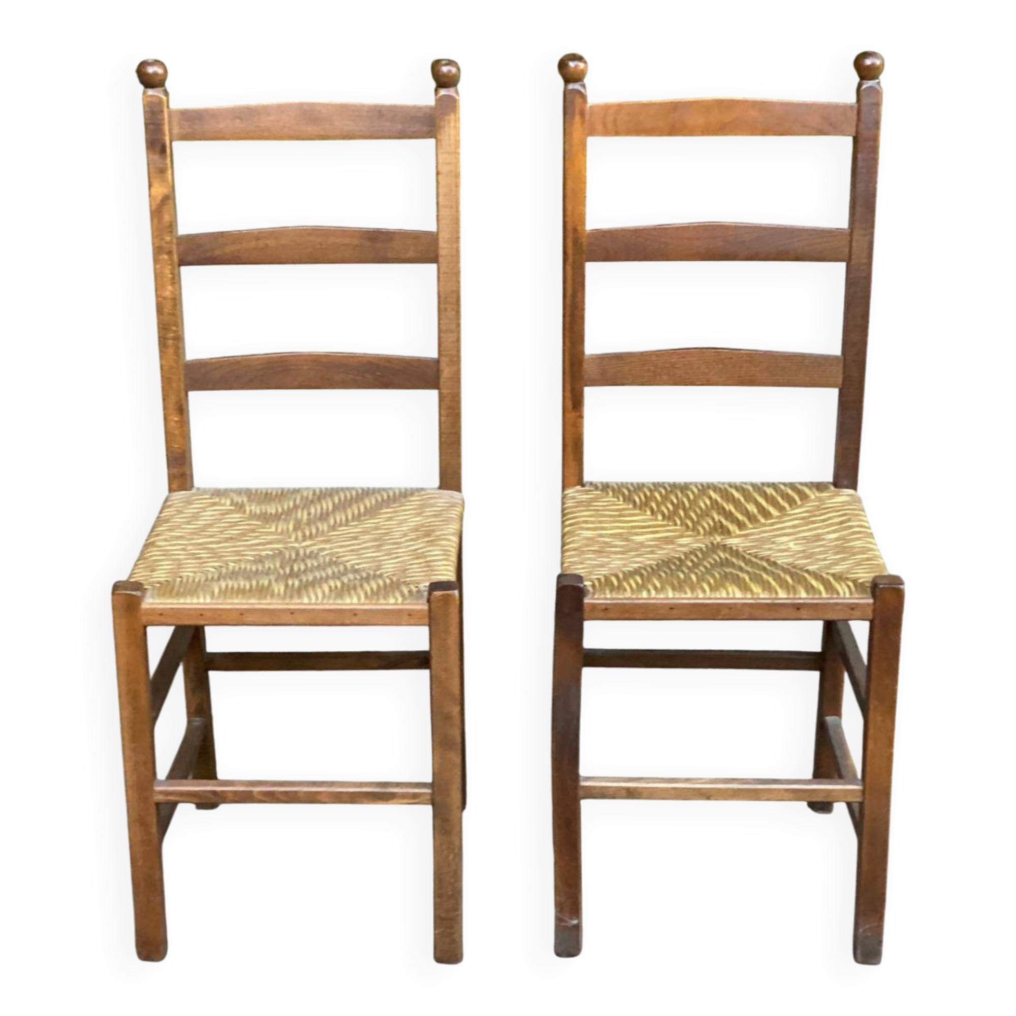 2 solid wood and straw chairs