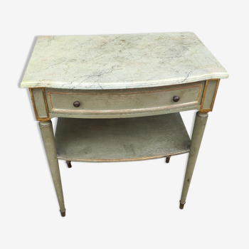 Louis XVI style bedside table, patinated, faux marble top.