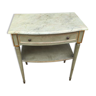 Louis XVI style bedside table, patinated, faux marble top.