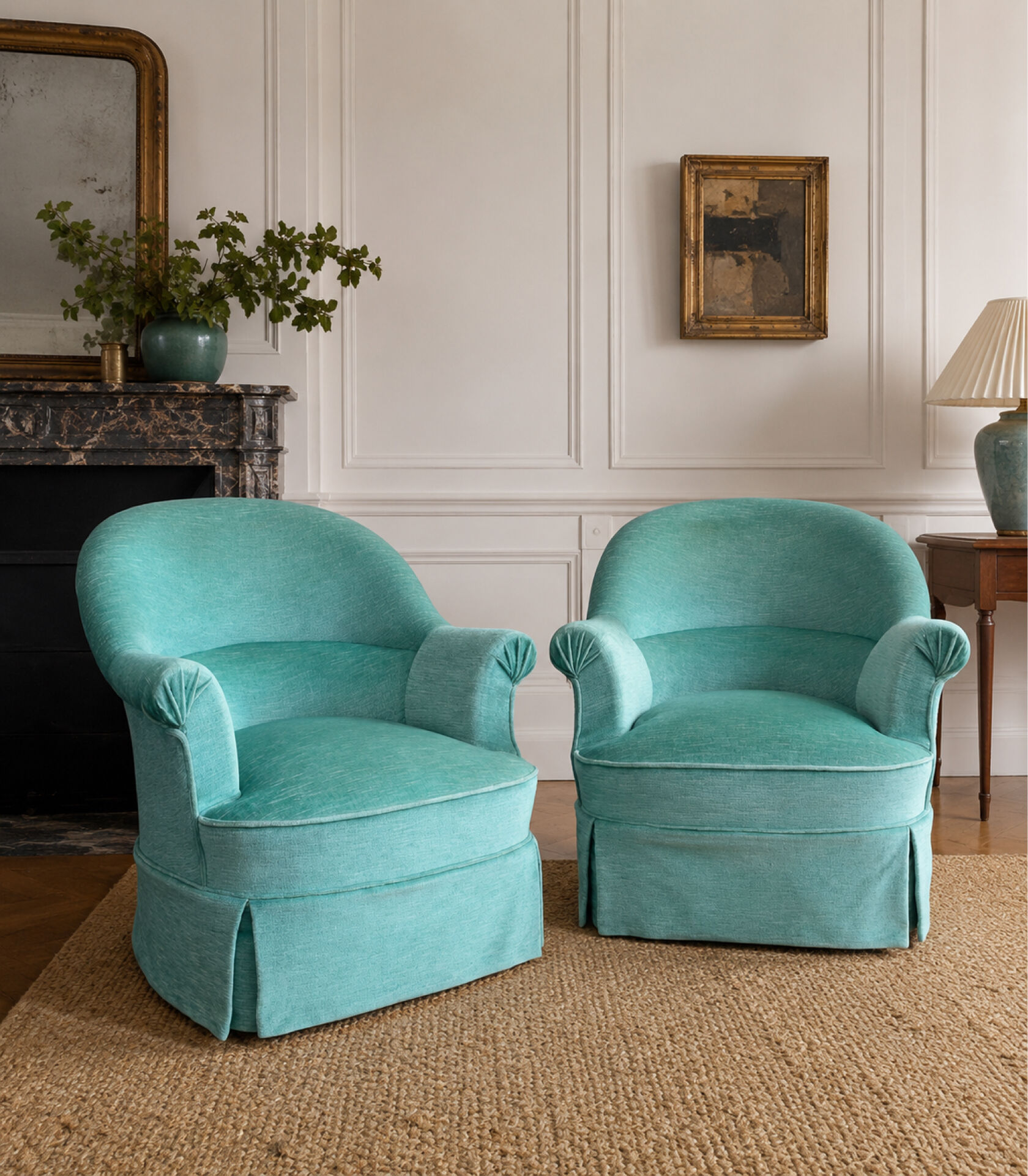 Pair of green velvet frog chairs from the 1970s.