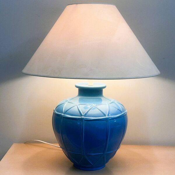 Lampe en céramique française Louis Drimmer – base émaillée bleue, années 1980, France