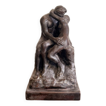 Grande Sculpture Le Baiser D'Après Rodin Résine Patiné Bronze Déco Vintage
