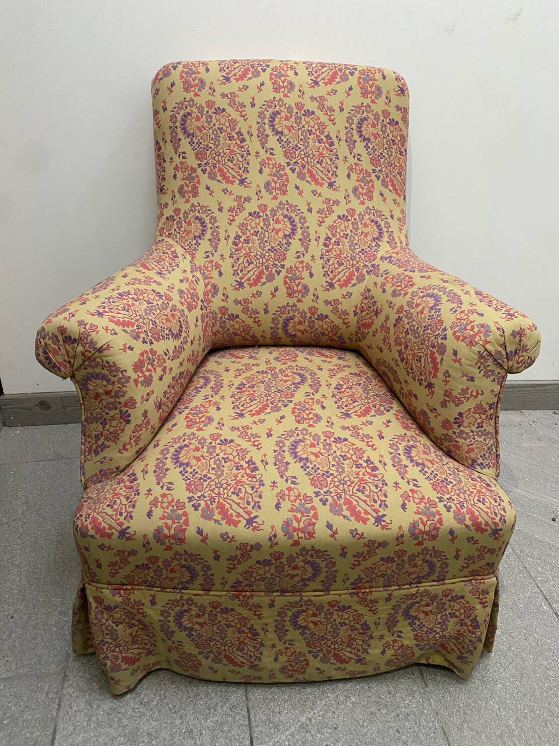 Antique English armchair with Liberty floral tapestry