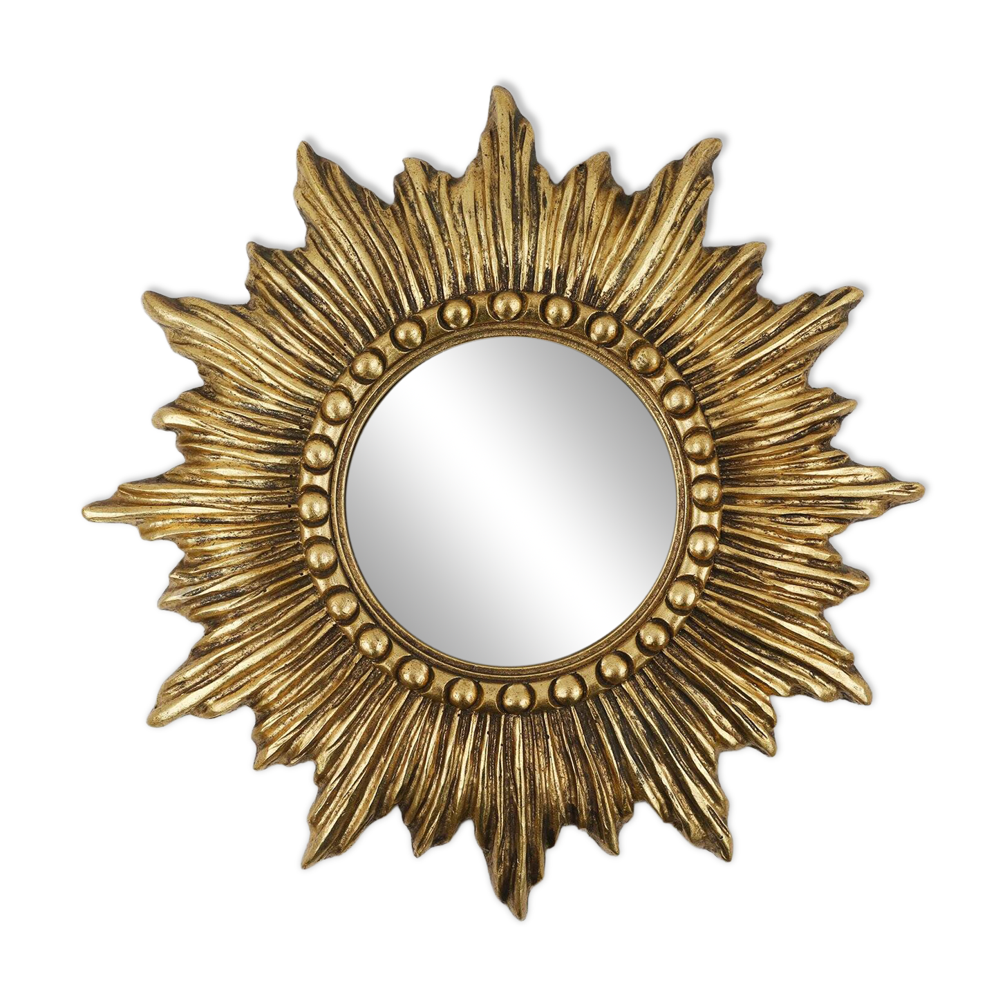 Miroir en résine en forme de soleil doré avec miroir convexe, France, années 1960.