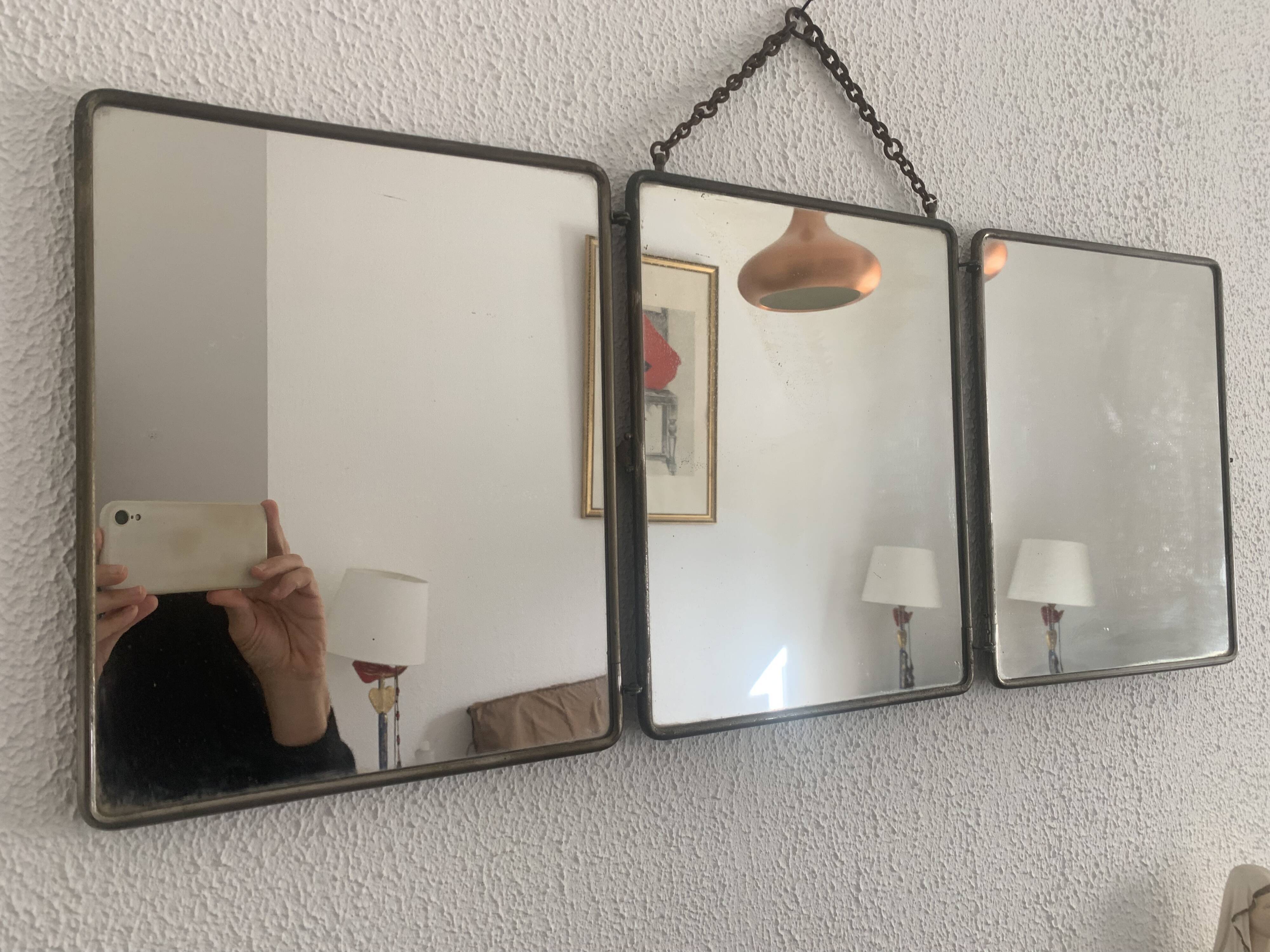 Vintage 1900 triptych mirror, old pink nickel-plated metal - 31 x 76 cm