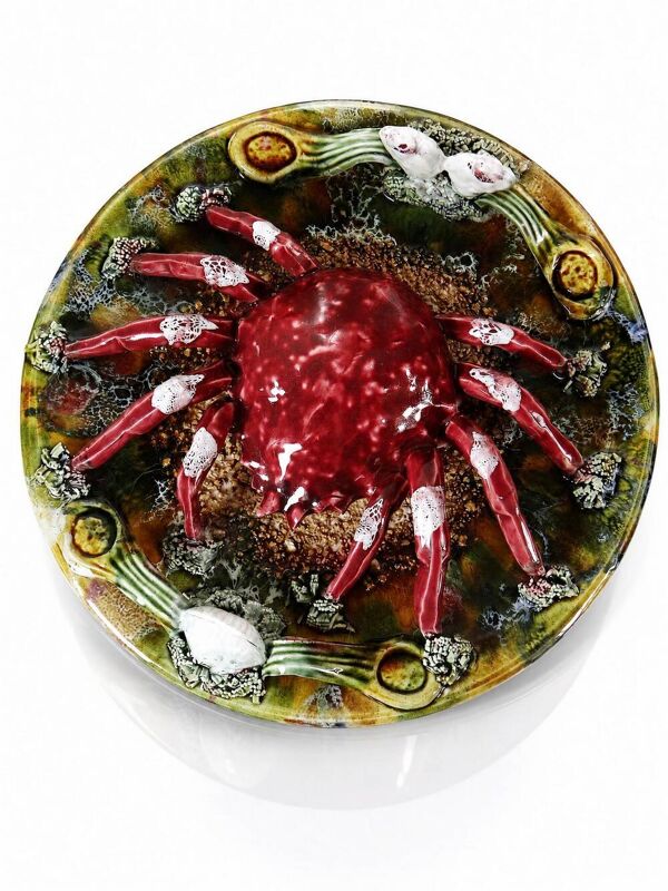 Assiette barbotine, trompe-l’œil crabe Caldas da Rainha Portugal vintage