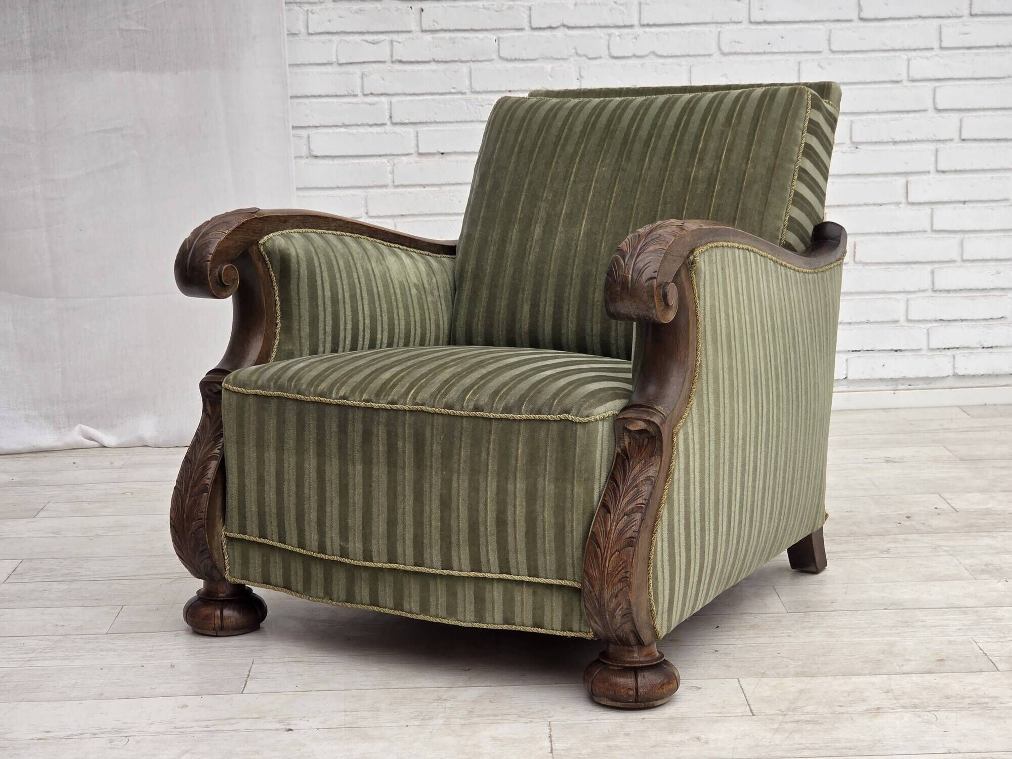 1950s, Danish relax armchair, green furniture velour, carved oak wood.
