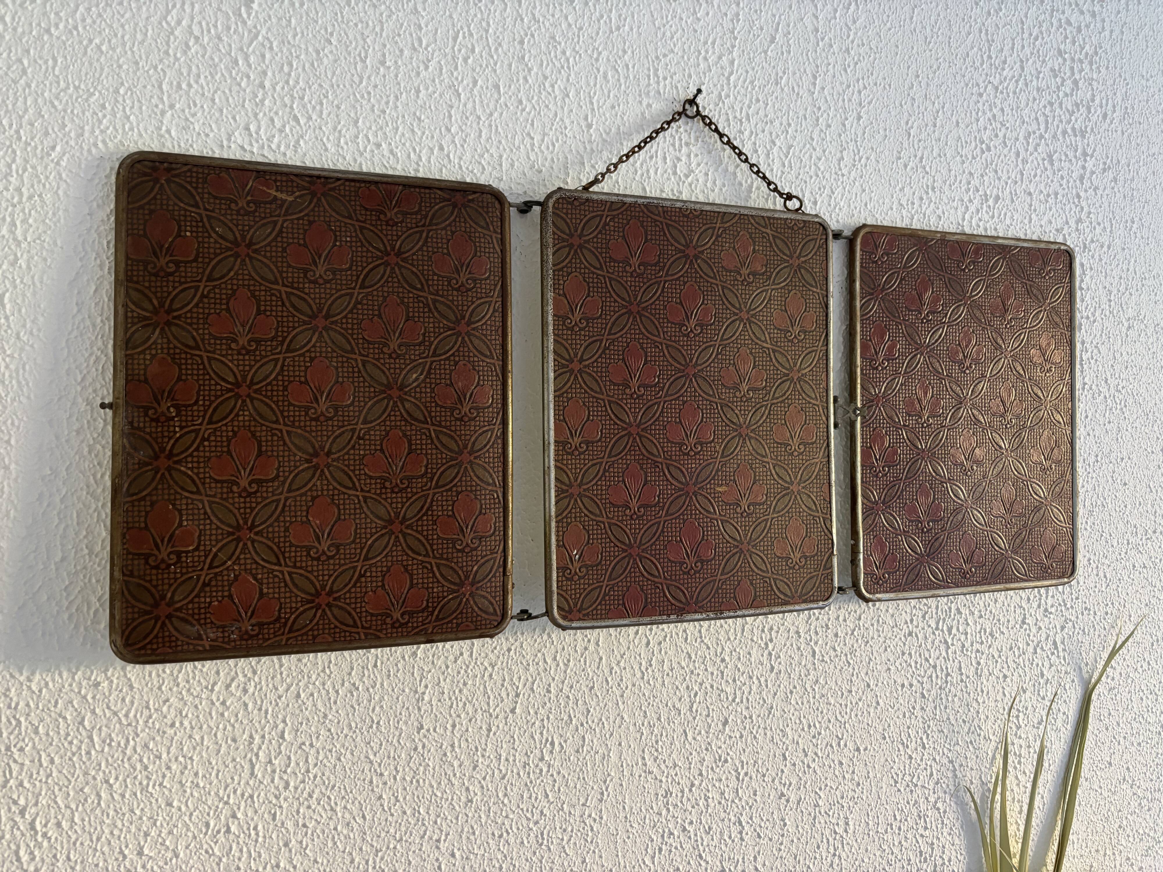 Miroir vintage 1900 triptyque barbier biseauté simili cuir matelassé - 27 x