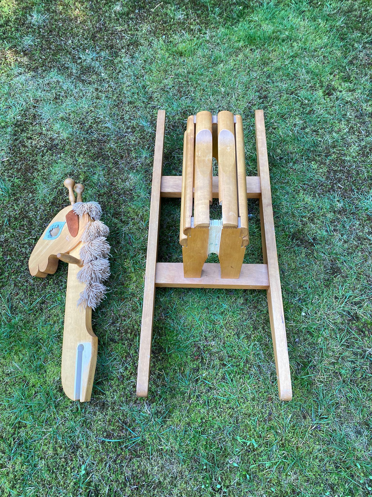 Vintage leather and pinewood rocking horse, giraffe, ca. 1970s