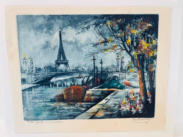 Eau-forte ancienne couleurs – Vue de Paris et Tour Eiffel