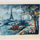 Old colour etching – View of Paris and the Eiffel Tower