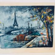 Eau-forte ancienne couleurs – Vue de Paris et Tour Eiffel