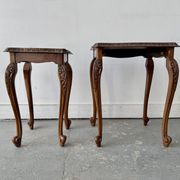 Pair of Vintage Wooden Nesting Tables with Glass Tops & Cabriole Legs