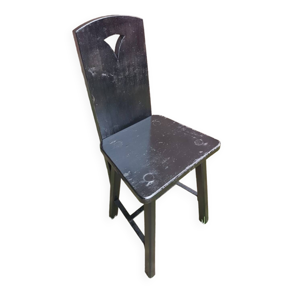 Ancienne chaise alsacienne montagne bois noir dossier forme ajouré vintage #a662