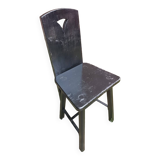 Old Alsatian mountain chair black wood back openwork shape vintage #a662