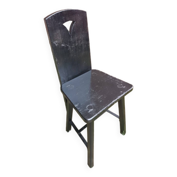 Old Alsatian mountain chair black wood back openwork shape vintage #a662