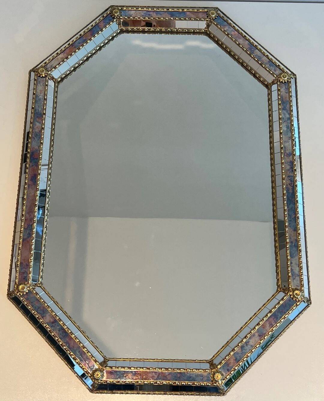 Octagonal Faceted Mirror with Brass Garlands — French Work, Glass