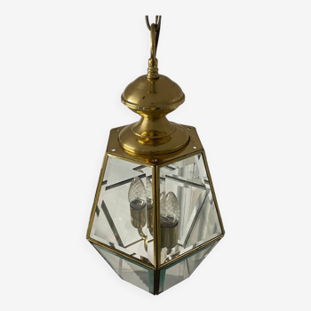 6-sided hanging lantern chandelier in brass, in the style of Adolf Loos, 1950s