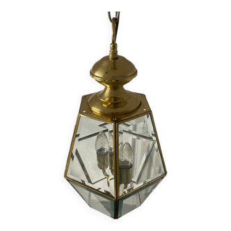 6-sided hanging lantern chandelier in brass, in the style of Adolf Loos, 1950s