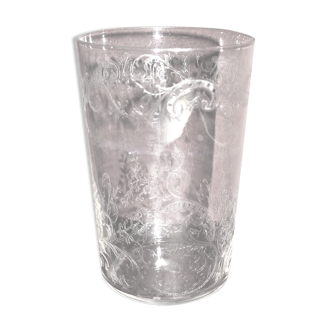 Old water glass in Saint-Louis crystal engraved with acid 1908
