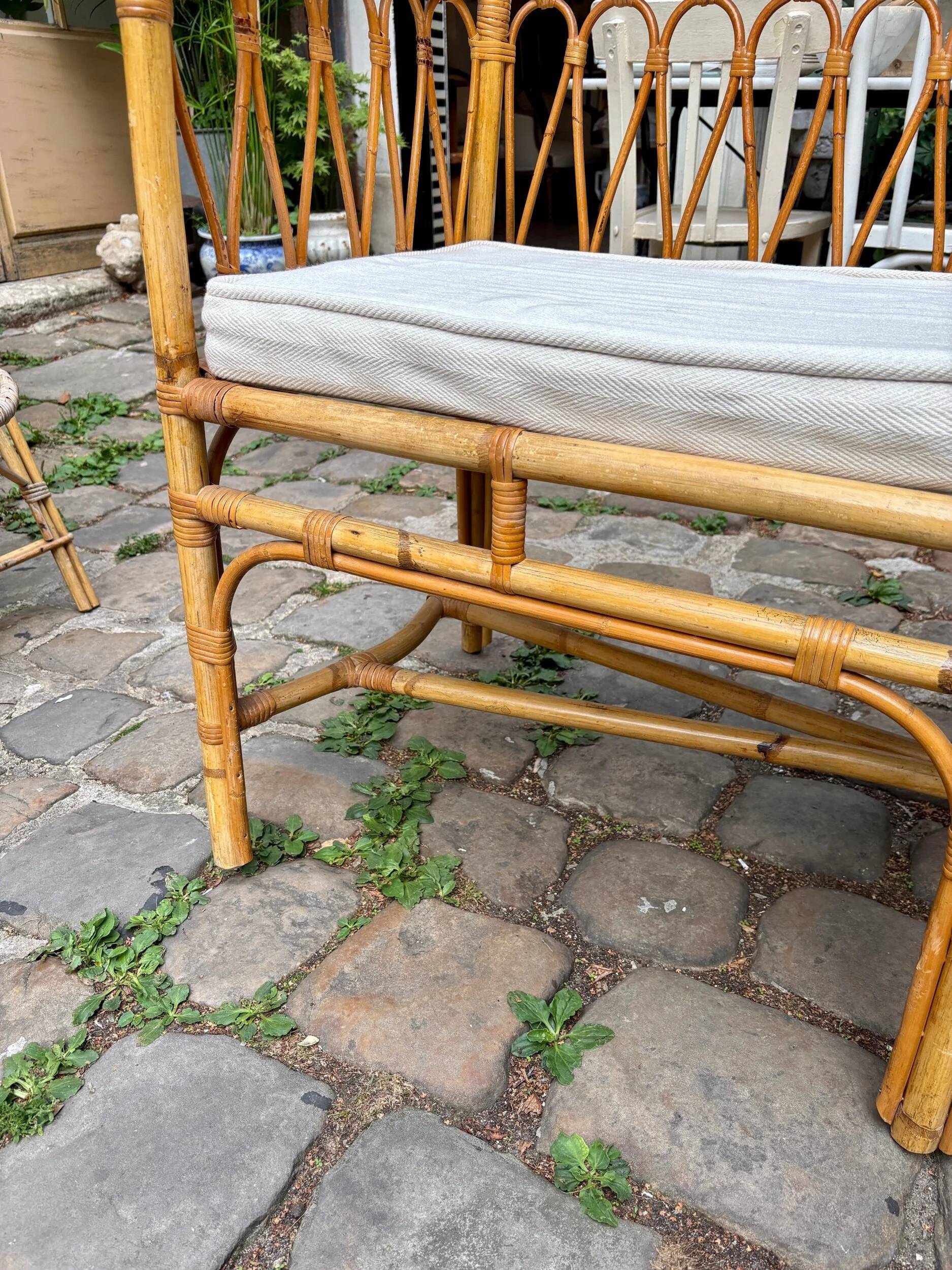 1960s beige rattan and cotton bench
