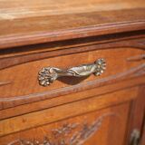 Vintage wooden serving sideboard, furniture with mirror, storage unit