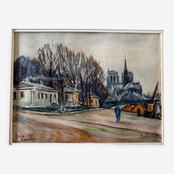 Aquarelle sur papier "Hiver sur les quais de Seine à Paris" Signée en bas André Duculty (1912-1990)