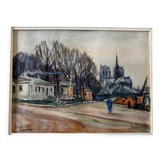 Aquarelle sur papier "Hiver sur les quais de Seine à Paris" Signée en bas André Duculty (1912-1990)