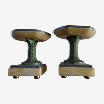 pair of marble cassolettes on 4 feet ball and metal? skated green art deco engraved FRANCE